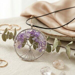 Boho Chic Tree Of Life Necklace Genuine Amethyst Crystals Silver Plated Charm